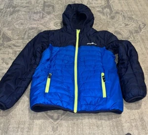 Eddie Bauer Sz Medium 10-12 Blue Puffer Jacket Fleece Lined Reversible Boys - Picture 1 of 5