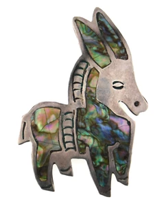 Signed Taxco Mexico 925 Sterling Silver & Abalone Donkey Mule Burro Brooch Pin - Picture 1 of 8