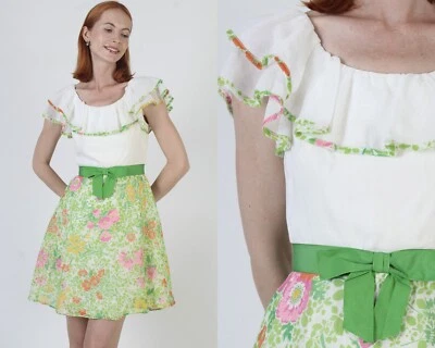 Mini Vestido Solero Floral Años 70 De Colección Verano Volantes Blanco Ramo Corto Desfile Vestido Sol Foto 1 de 4