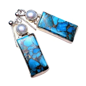 Sterling Silver Copper Vein Turquoise Freshwater Pearl Dangle Earrings 34mm - Picture 1 of 3