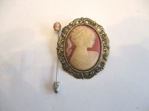 2 Cameo Jewelry Pcs. Oval Gold Tone Pink White Brooch and Stick Pin  J1 - Picture 1 of 6