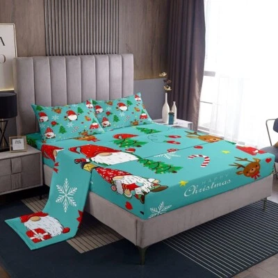 Santa Gnomes Queen Bed Sheet Set Cute Reindeer Christmas Holiday Bedding New - Image 1 of 4