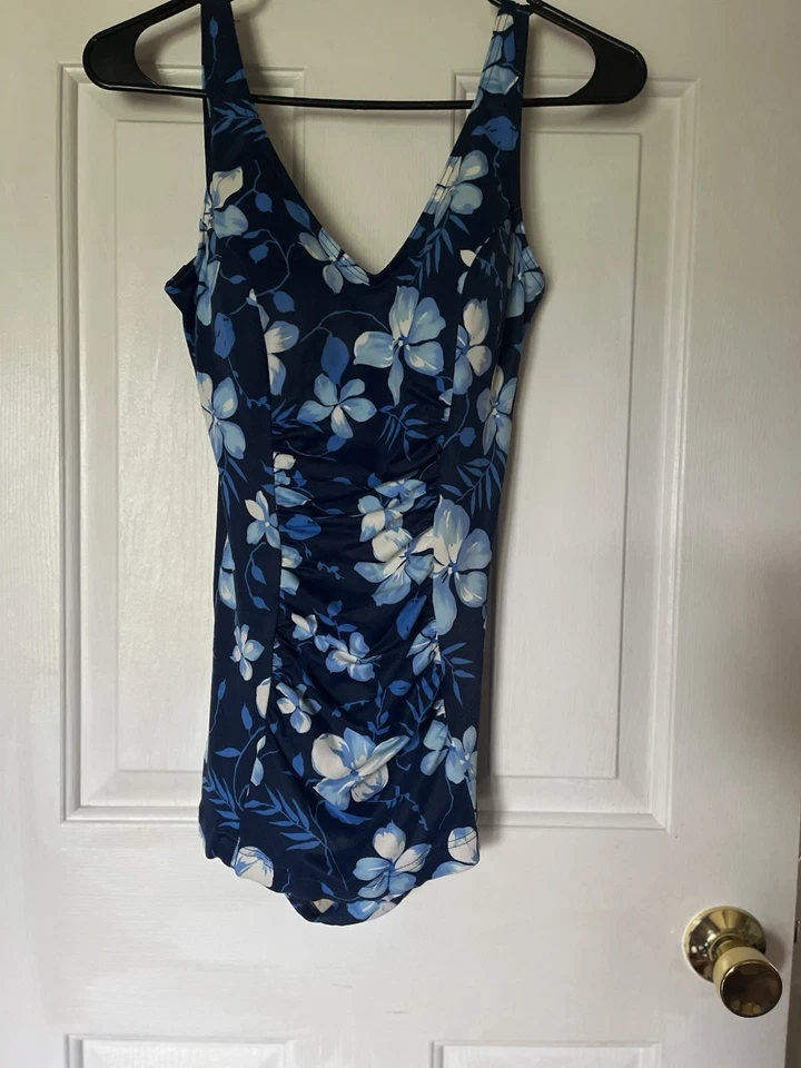 Traje de baño acanalado vintage de una pieza para mujer azul floral de Baltex talla 12 Foto 1 de 4