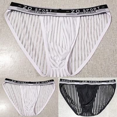 Slip uomo alta forchetta maglia righe intimo vedere attraverso ghiaccio seta mutande - Immagine 1 di 4