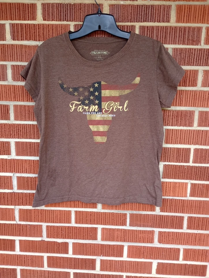 Camiseta Damas Niña Granja Auténtica Marca Marrón Talla XL Lindo Estampado Foto 1 de 4