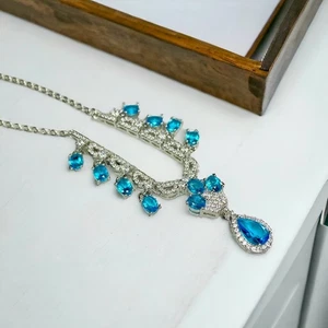 Aqua Blue & Clear Crystal Statement Necklace NIB - Picture 1 of 6