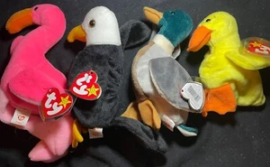 TY BEANIE BABY SET 4 VÖGEL JAKE STOCKENTE PINKY FLAMINGO WEISSKOPFSEEADLER QUACKSALBER ENTE - Bild 1 von 1
