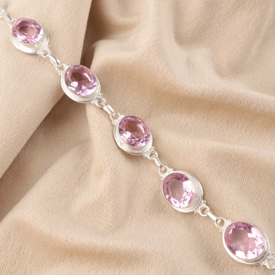 Pulsera de cadena de piedras preciosas de morganita natural joyería de plata de ley 925 para niñas Foto 1 de 4