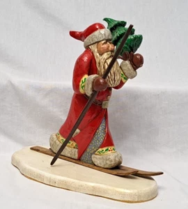 1997 Signed Hand Carved Santa On Ski's Snow Base Leather Bottom Christmas Season - Picture 1 of 22