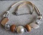 Shell brown wood silver tone crystal beaded necklace cream cord good condition