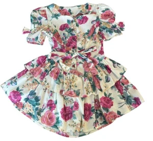 Vtg 90s The Little Trotter Drop Waist Tiered Rose Puff Sleeve Floral Dress Sz 8 - Picture 1 of 11