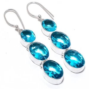 Blue Topaz Gemstone Handmade 925 Sterling Silver Jewelry Earring 2.6"