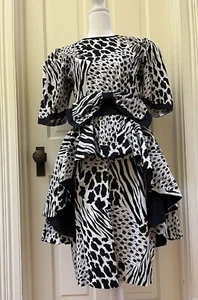 VTG 80's Iconic Zebra Power Dress Big Bow Peplum Animal Print VINTAGE 10 Fits 6 - Picture 1 of 11