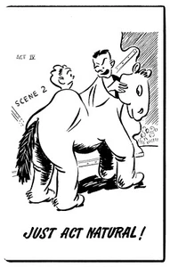 Tarjeta postal de humor de disfraz de caballo de dos hombres con cómic natural de Just Act - Imagen 1 de 2