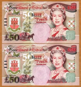 SET GIBRALTAR, 2 x 50 pounds, Consecutive Pair 2006, QEII, P-34, UNC Churchill - Picture 1 of 2