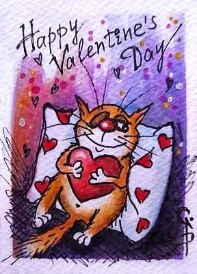 Pintura Original ACEO Gato Amor Almohada Corazón Día de San Valentín Arte por Ginna Paola Foto 1 de 2