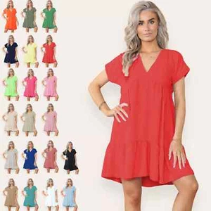 Ladies V-Neck Smock Tiered Dress Women Summer Oversized Smock Midi Dress - Picture 1 of 24