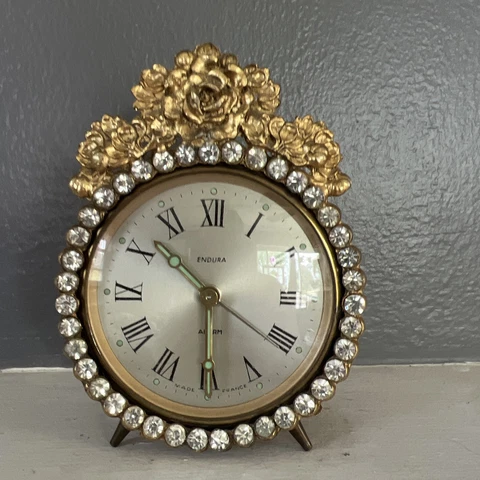Vintage French Endura Gold Roses Clear Gems Jewel Rhinestone Jeweled Alarm Clock Cover