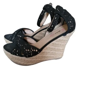 Just fab espadrille wedge sandles with ankle strap size 6.5 4"heel black peep - Picture 1 of 7