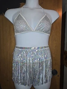 Womens Sexy 3Pcs Bikini Sets Sparkly Sequin Triangle Bikini/Skirt Dancer, Rave - Picture 1 of 10