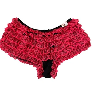 JC Penney Lacey Ruffle Panties Size 6 Medium NWT Hot Pink Black Nylon Cheeky - Picture 1 of 8
