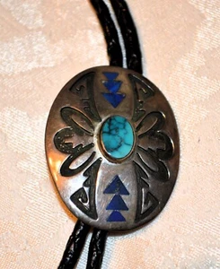 VINTAGE SILVER and TURQUOISE BOLO NECKTIE/SIGNED CECIL ASHLEY TOEHATCHITI NAVAJO - Picture 1 of 3