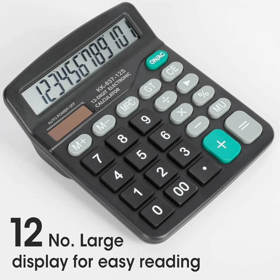 12 Digit Calculator with Large LCD Display with Solar  & Battery Dual Power - Image 1 of 4