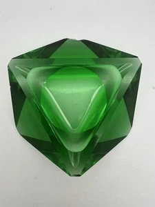 VTG MCM Ashtray Heavy Mosser? Emerald Green Abstract Designs Cut Glass Heavy - Picture 1 of 12