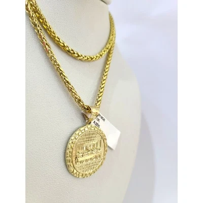 10k Yellow Gold Palm Chain Nugget Last Supper Pendant Charm 3mm SET Necklace - Image 1 of 4