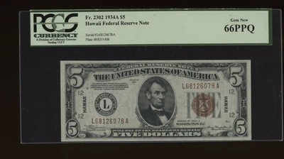 DBR 1934-A $5 FRN Hawaii Gem Fr. 2302 PCGS 66 PPQ Serial L68126078A - Image 1 of 2