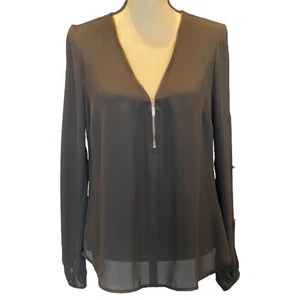 NWT Guess Gold Zipper V Neck Flirty Slit Sleeve Feminine Sheer Black Blouse, M - Picture 1 of 12
