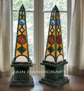 18" two pcs green Marble Obelisk lapis Pietra Dura inlay room home decor arts - Picture 1 of 3