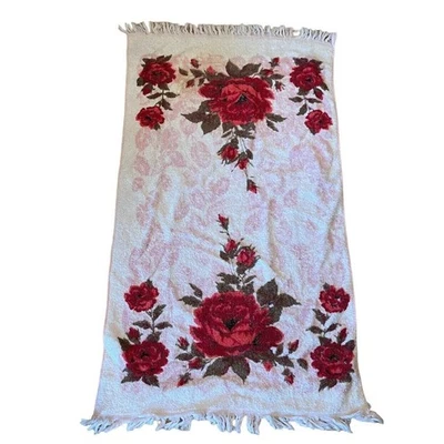 Cannon Bath Towel Pink Rose Floral Fringe MCM Vintage USA Made 100% Cotton - Image 1 of 3