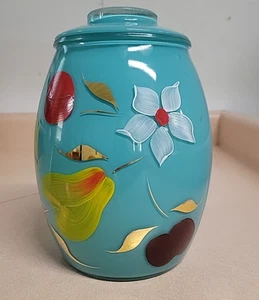 Tarro de galletas Bartlett Collins azul turquesa verde azulado fruta diseño floral usado en excelente estado - Imagen 1 de 17