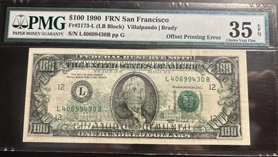 $100 1990 VF35 PMG 35 EPQ Thick OFFSET PRINTING ERROR San Francisco FRN Veryfine - Image 1 of 3