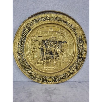 Vintage Brass Wall Plaque Embossed Scene Horse Riders Medieval Tavern Decor 14" - Image 1 of 4
