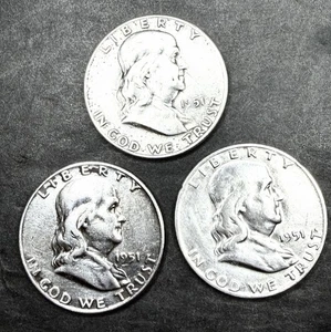 2-1951 D & 1-1951 Franklin Half Dollars 90% Silver - Lot Of 3 Coins - Picture 1 of 2