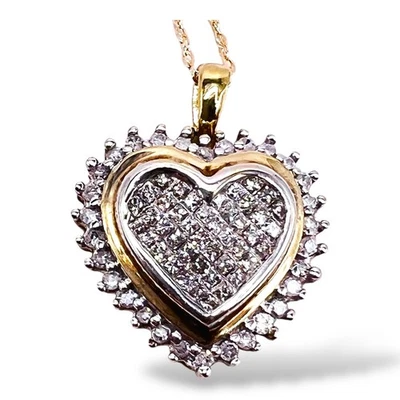 Solid 10k Yellow Gold Natural Diamond Heart Pendant Necklace 18" - Image 1 of 4