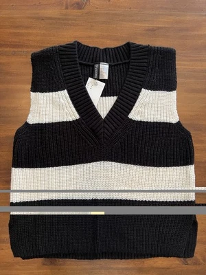 NUEVO CON ETIQUETAS H&M Chaleco Suéter Dividido Negro Y Marfil Rayas Cuello en V - Talla M Foto 1 de 2