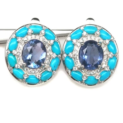 Thai Handgefertigt 8 x 10 Mm. Farbe Wechsel Fluorit, Türkis & Zirkonia Ohrringe - Bild 1 von 4