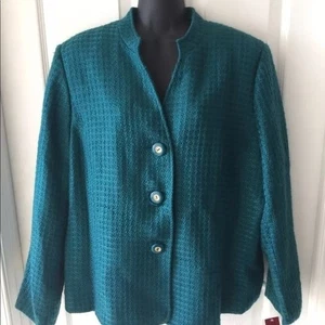 JM Collection Teal Green Tweed Textured Button-Front Career Blazer Jacket 16 - Picture 1 of 6