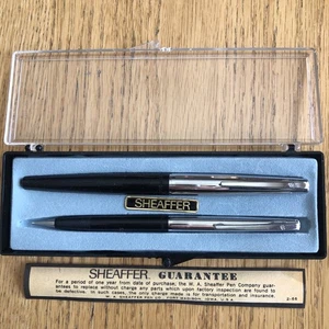 Vintage Black Chrome Sheaffer Fountain Pen & Pencil Set Cased - Nice! - Picture 1 of 12