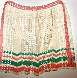 Vintage Hand Crochet Half Apron Peach Green Cream 18" x 26" wide - Picture 1 of 4