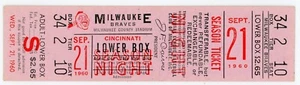 MILWAUKEE BRAVES Sept 21 1960 FULL TICKET NEAR MINT Condition HANK AARON HR #217 - Picture 1 of 2