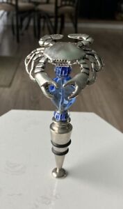 Wine Stopper Metal Crab With Blue Sea Glass And Glass Beads