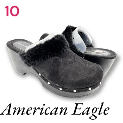 American Eagle Sz 10M Black Faux Suede Fur Trim Wedge Heel Clogs Slip On Shoes - Image 1 of 4