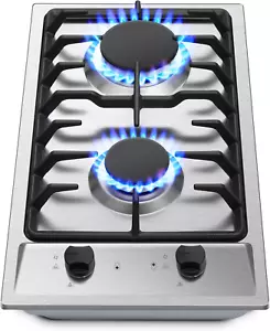 Gas Cooktop, 2 Burner Stainless Steel, NG/LPG Convertible, Drop-In, Thermocouple - Picture 1 of 7