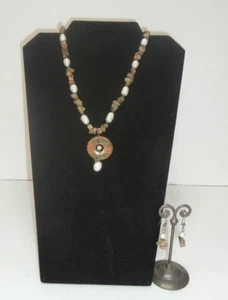 Jewelry Set - Vintage Unakite & Genuine Banded Pearl 17" Necklace and Earrings - Picture 1 of 4