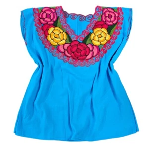 Embroidered Mexican Top Womens S/M Floral Peasant Boho Aqua Native Traditional - Picture 1 of 5