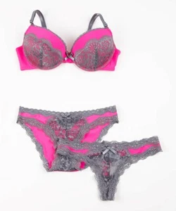 Hers By Herman Bra & Panties Set 38D X-Large Panties Hot Pink Gray Lace Push Up - Picture 1 of 4